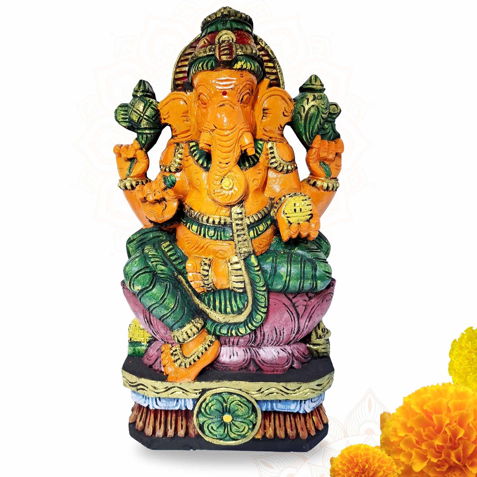 Hand carved wooden Ganesha statue multicolor 24 inch sitting Ganesh idol