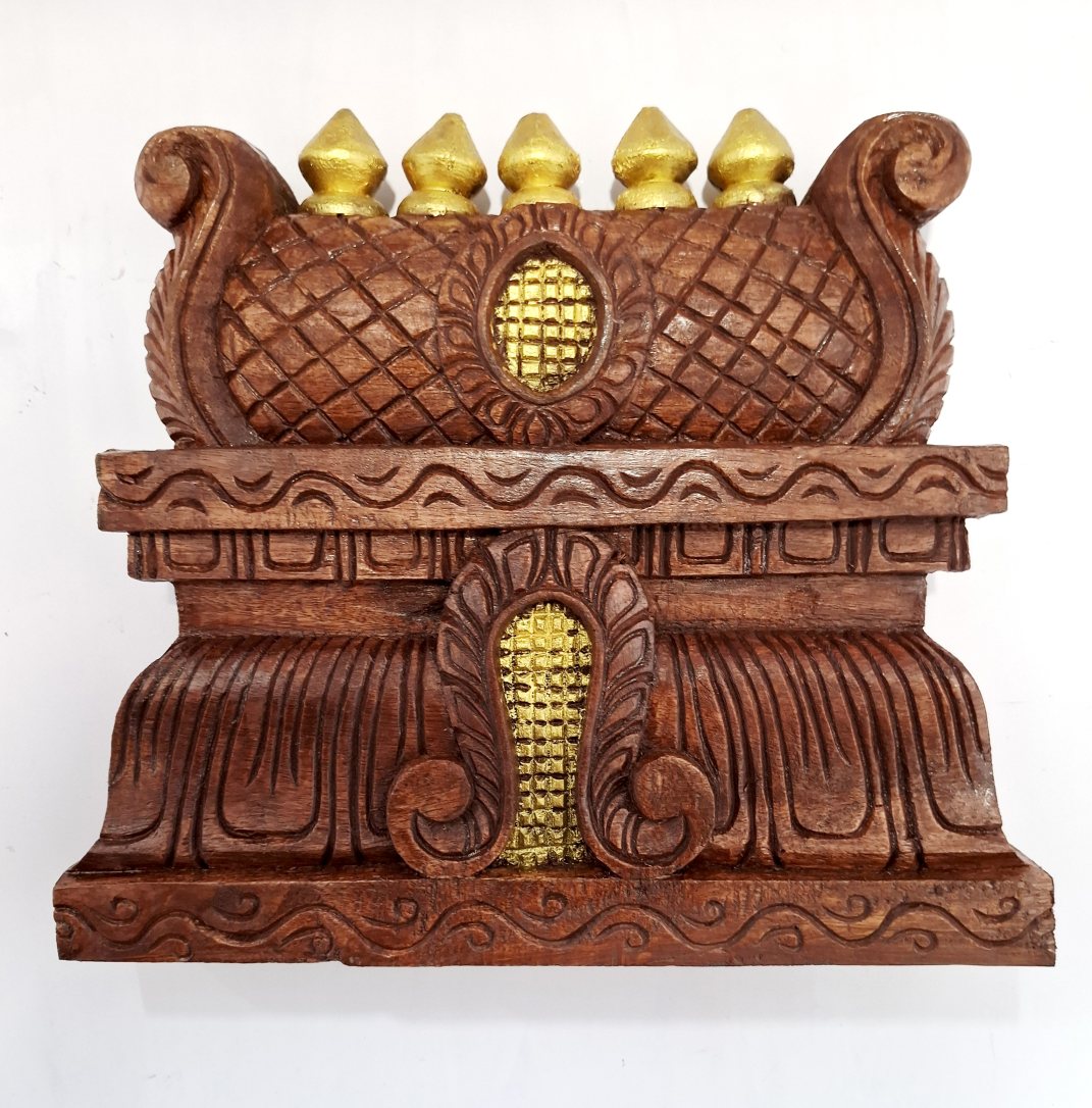 Hand-carved wooden temple gopuram wall panel, 10x12 inch, antique finish with brass bells, traditional South Indian mandir dome décor for pooja room or home entrance.