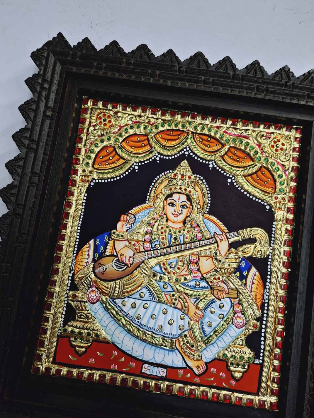 Traditional Saraswathi Tanjore painting with rich gold foil work – handcrafted Indian art for spiritual home decor and temple space.”