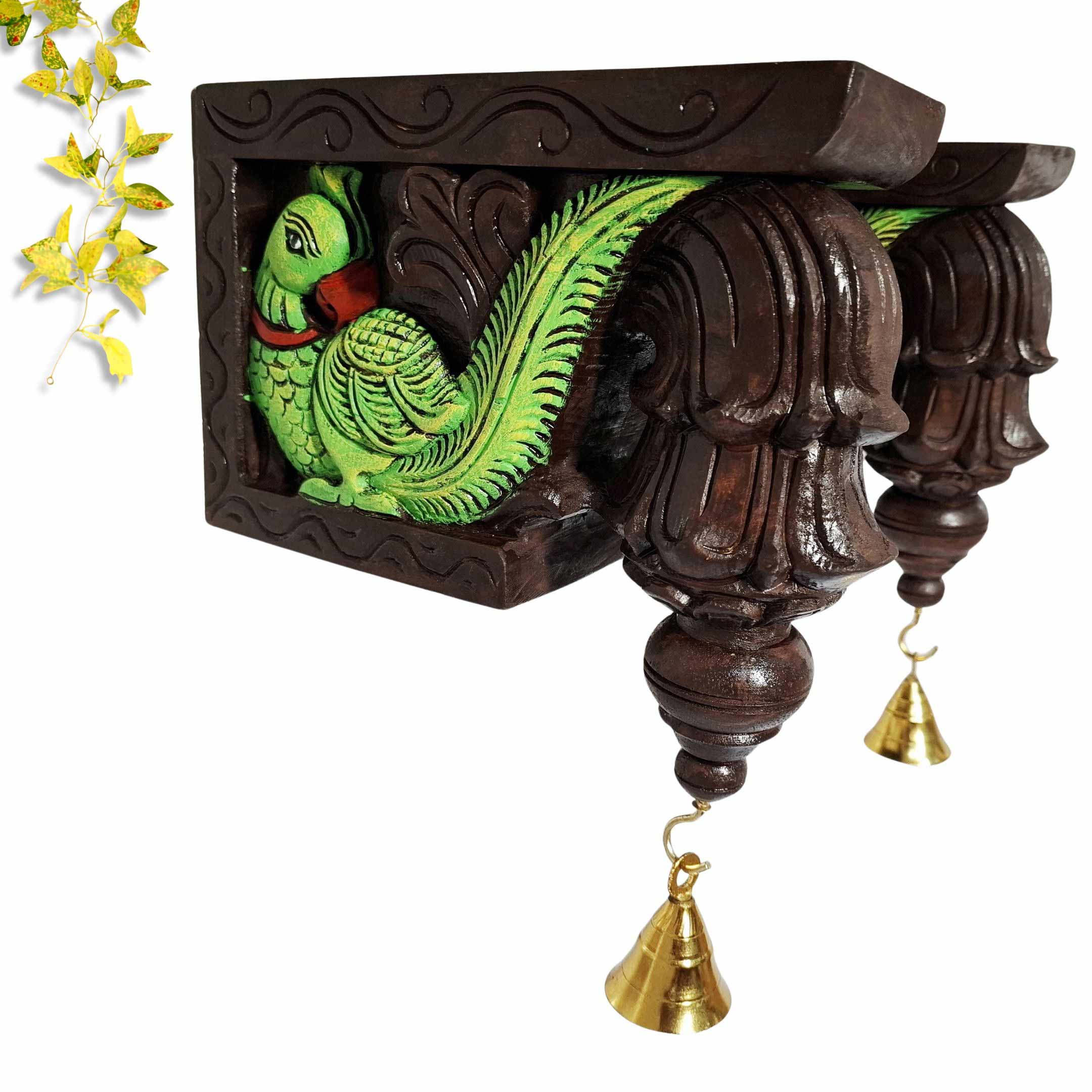 Wooden Bodhil Wall Bracket Pair 9 Inch with Peacock Statue and Brass Bells Hand-Carved Solid Wood Antique Finish Wall Hanging for Home Temple Décor