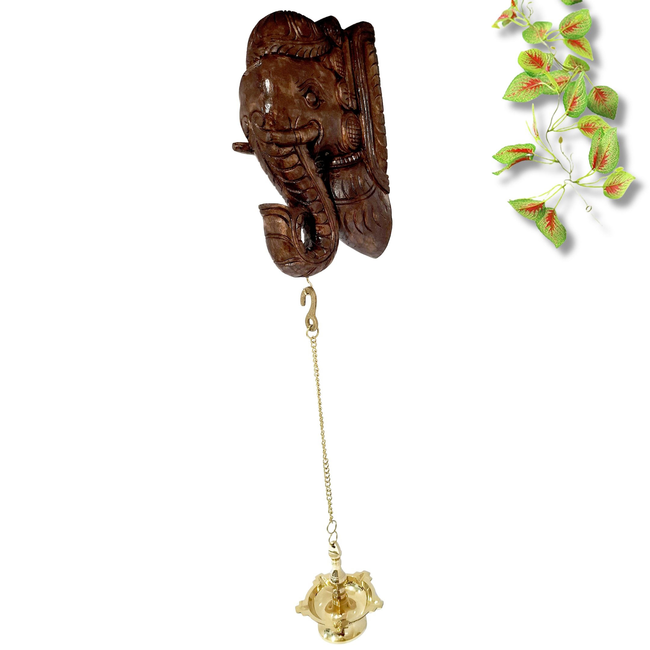 Wooden Wall Bracket Elephant Head Quality Brass Diya Lamp Home Temple Décor Wall Hanging (1 Pc)