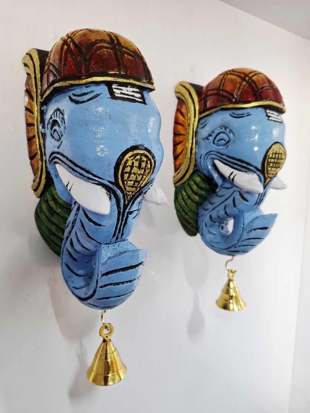 JLine Arts Elephant Head Wooden Wall Bracket Pair, handmade multicolor wooden corbels with brass bells, 9 Inch traditional wall décor for home entrance and living room.