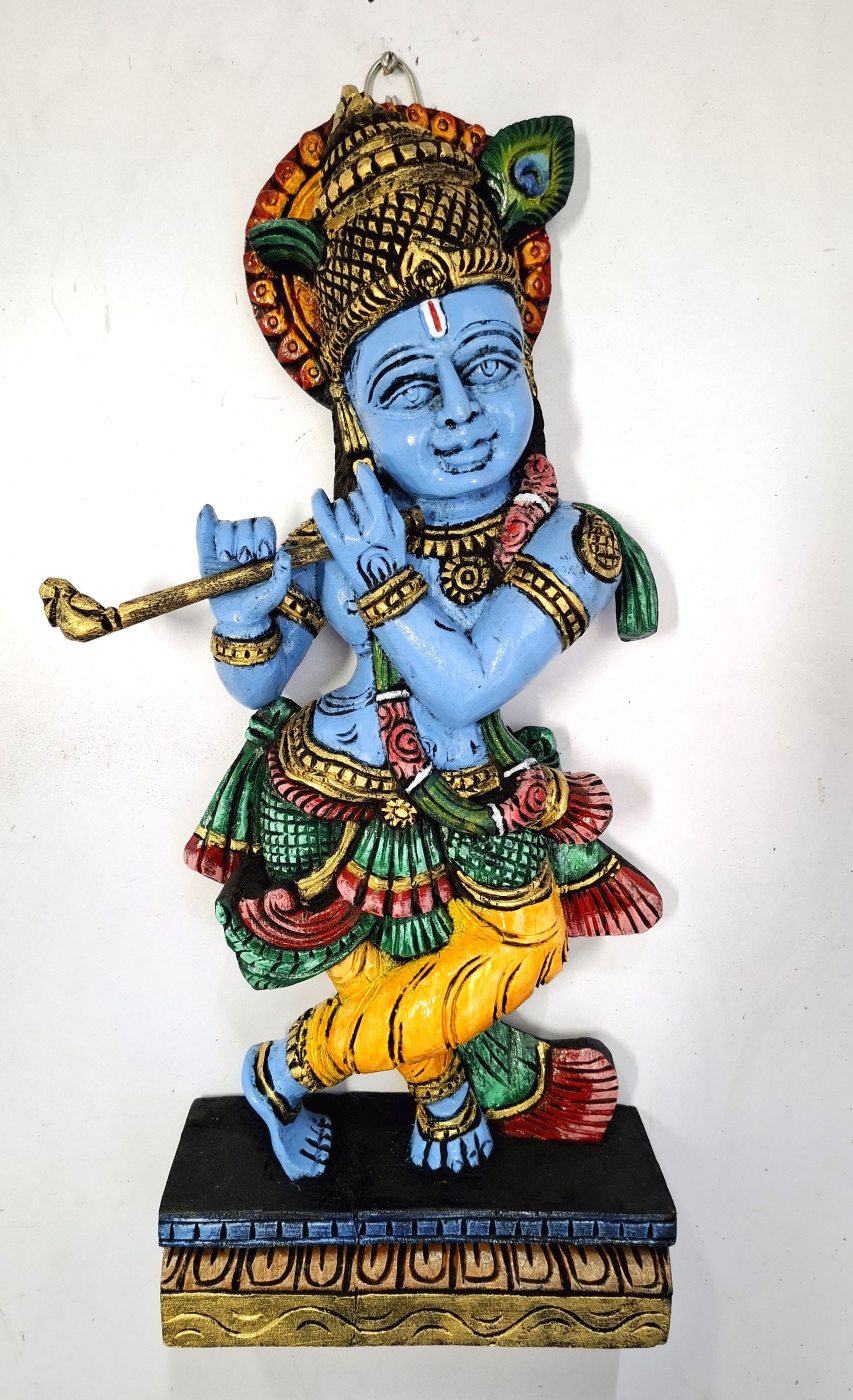 18-inch wooden Krishna statue depicting Bal Gopal with flute, for home temples
