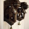 12-inch handmade wooden elephant wall bracket pair with brass bells – brown antique finish, Indian carved wall hanging (Set of 2)