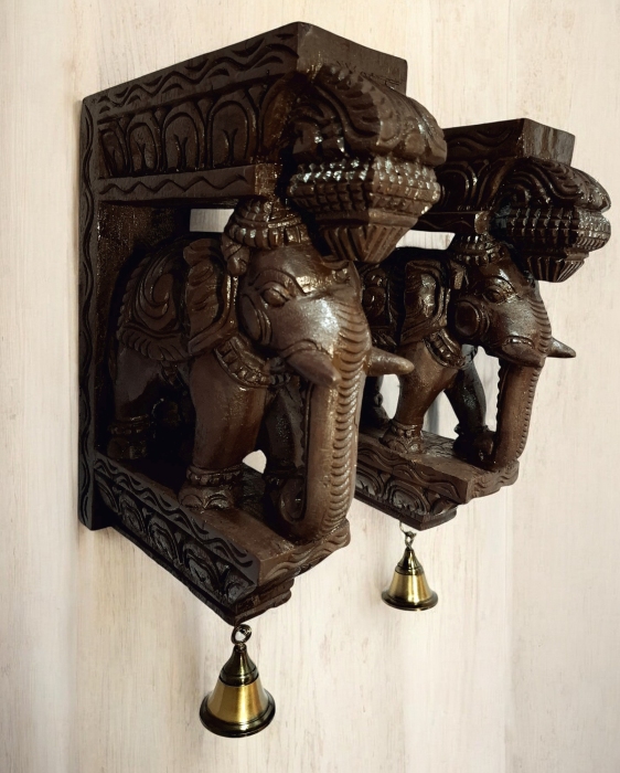 12-inch handmade wooden elephant wall bracket pair with brass bells – brown antique finish, Indian carved wall hanging (Set of 2)