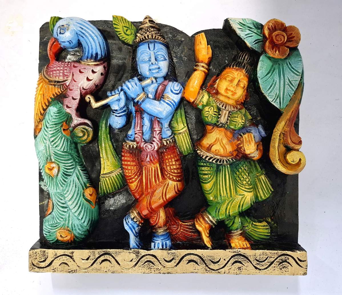 12 Inch Wooden Radha Krishna Wall Panel – Hand-Carved Multicolor Dome Mandir Wall Decor for Home or Temple