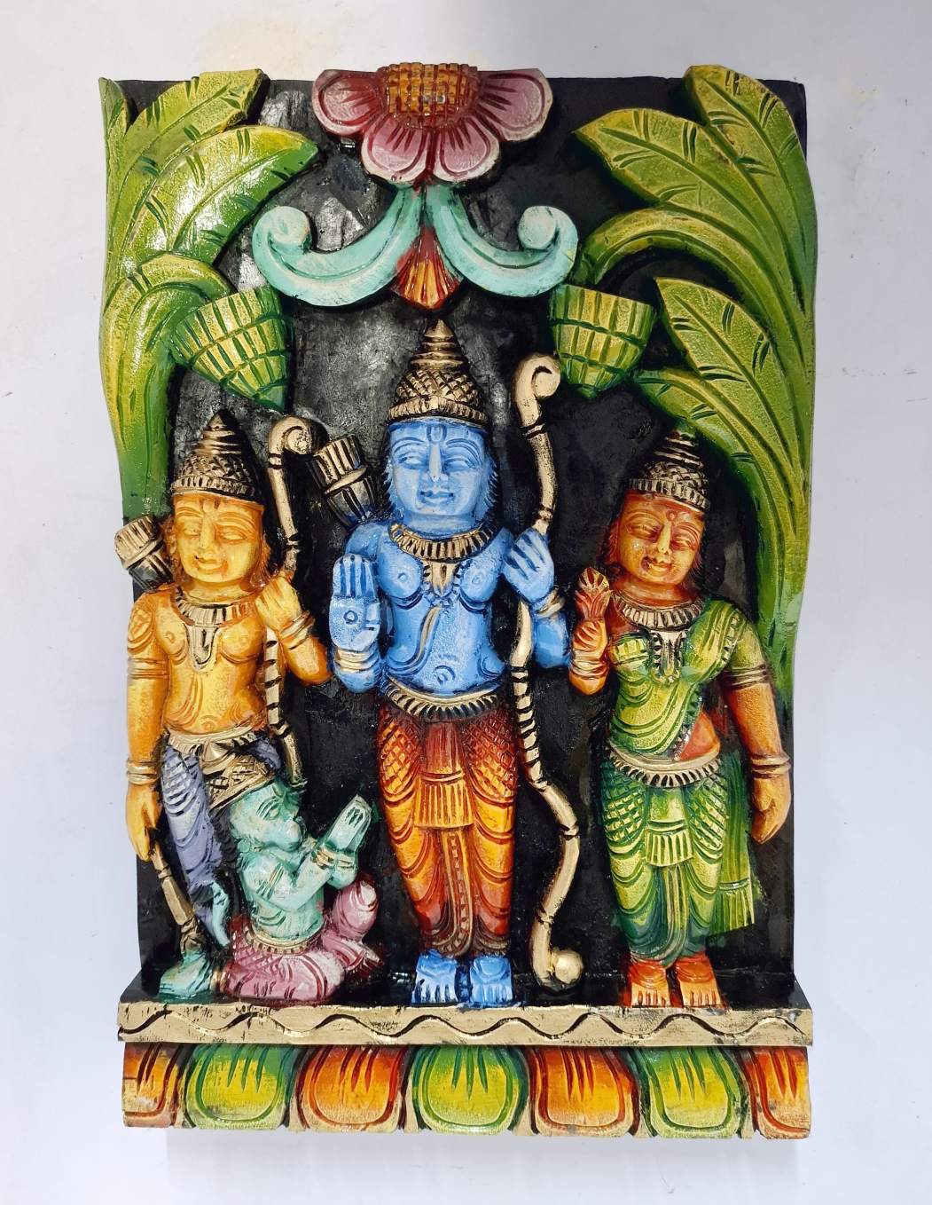 18 Inch Wooden Ram Darbar Wall Panel – Multicolor Hindu God Wall Hanging for Pooja Room and Home Temple Decor