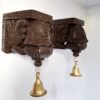 Pair of 7-inch handmade wooden Bodhil wall brackets with antique finish and hanging brass bells, perfect for traditional Indian wall décor.