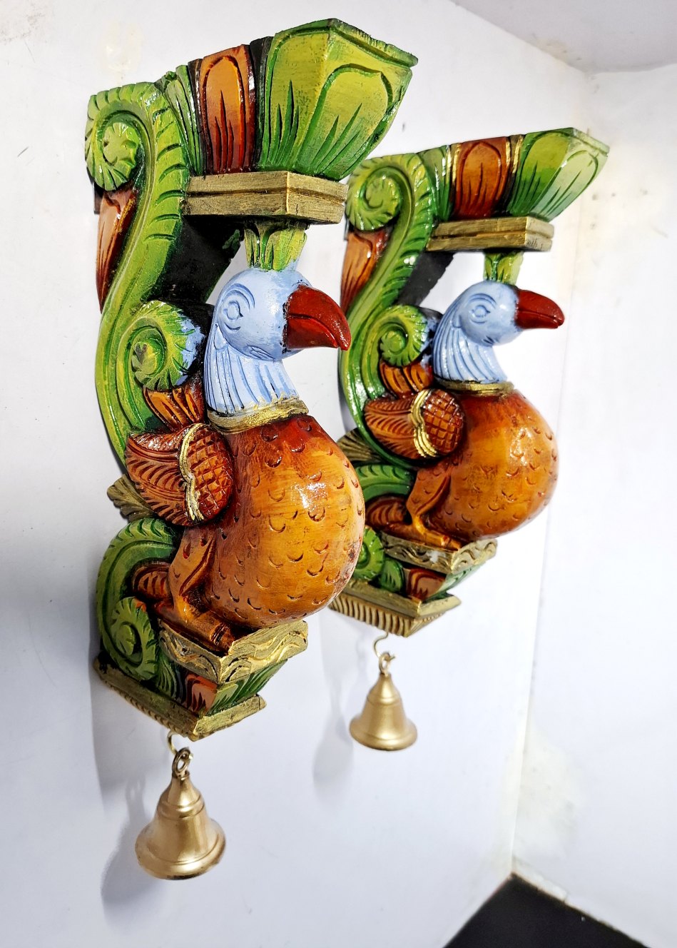 Wooden Peacock Wall Bracket Pair – Hand-Carved 12 Inch Bird Corbels with Multicolor Finish | South Indian Decorative Wall Hanging