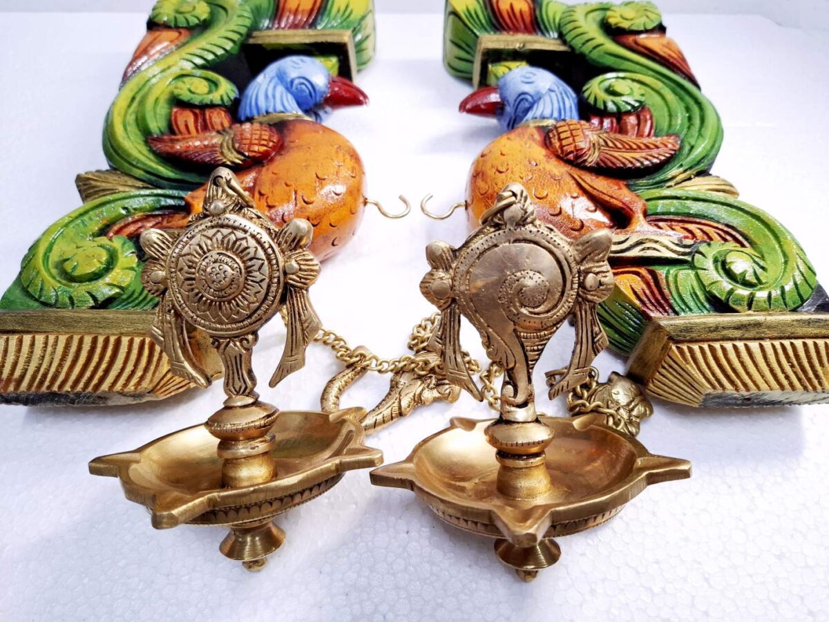 Wooden Peacock Corbel with Brass Diya