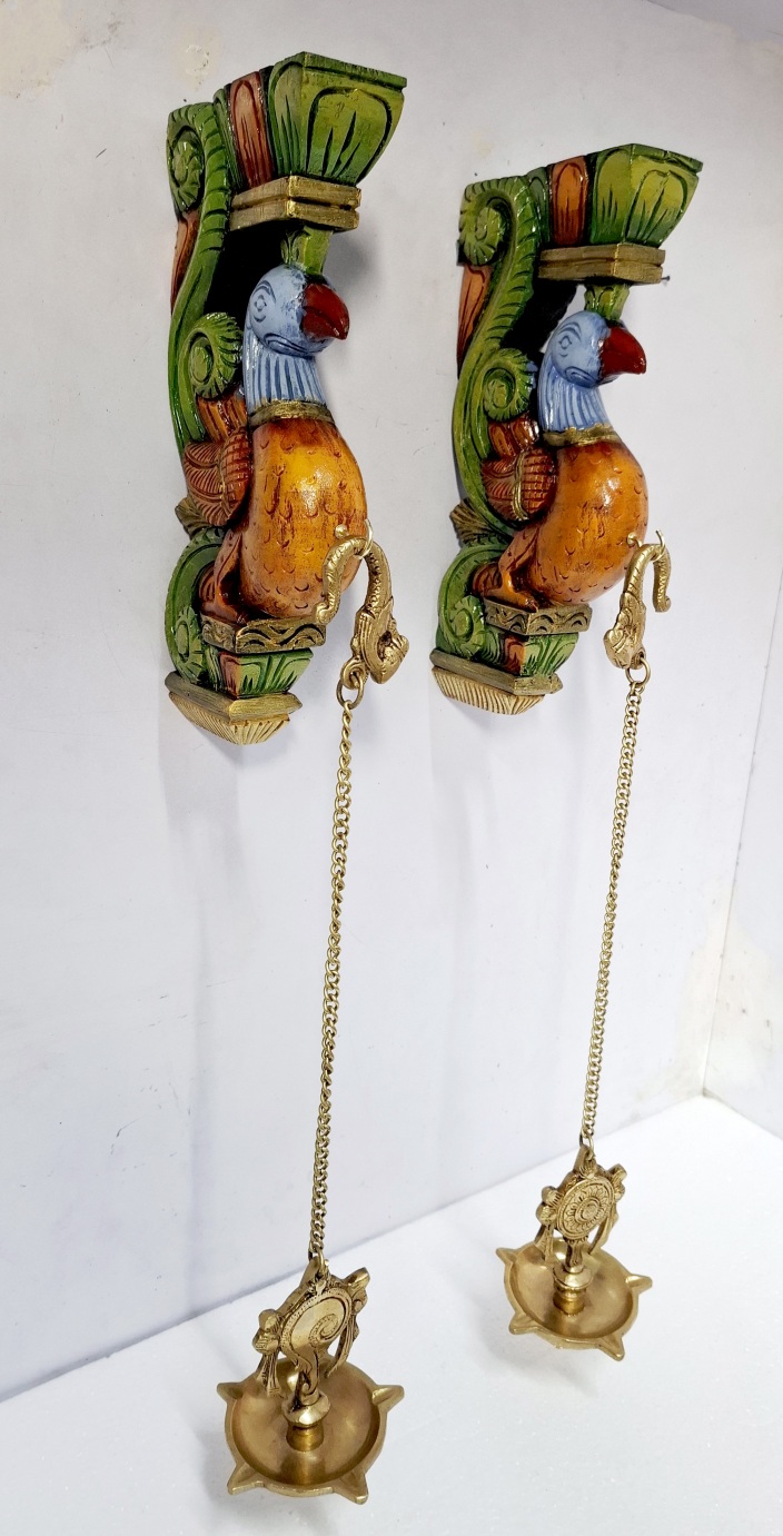 Hand-carved wooden peacock wall bracket pair with brass diya and hanging chain – JLine Arts