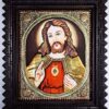 Jesus Christ Tanjore painting with 22K gold foil, Jaipur stones, and teakwood frame, 18×15 inches, traditional Indian religious artwork.