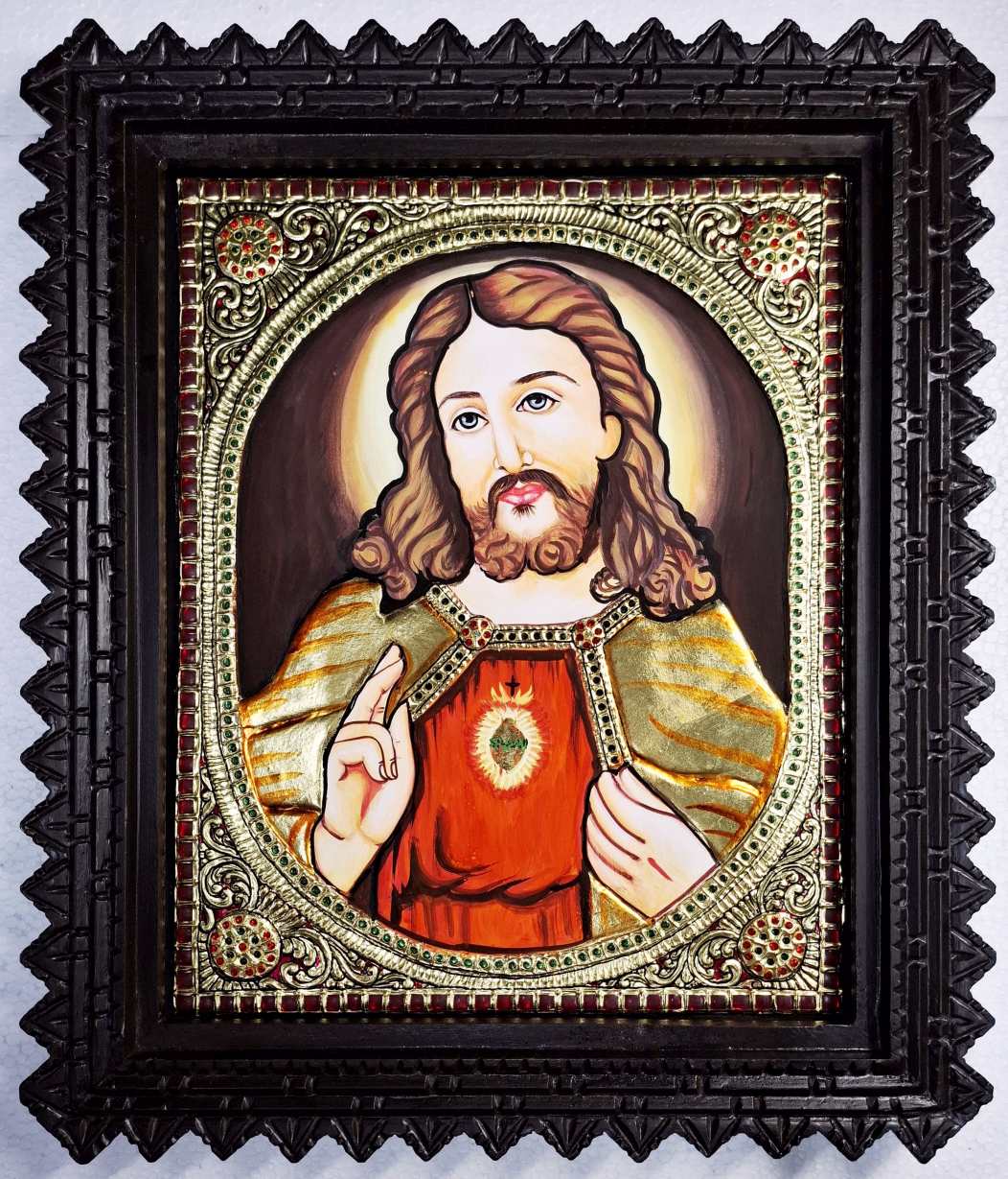 Jesus Christ Tanjore painting with 22K gold foil, Jaipur stones, and teakwood frame, 18×15 inches, traditional Indian religious artwork.