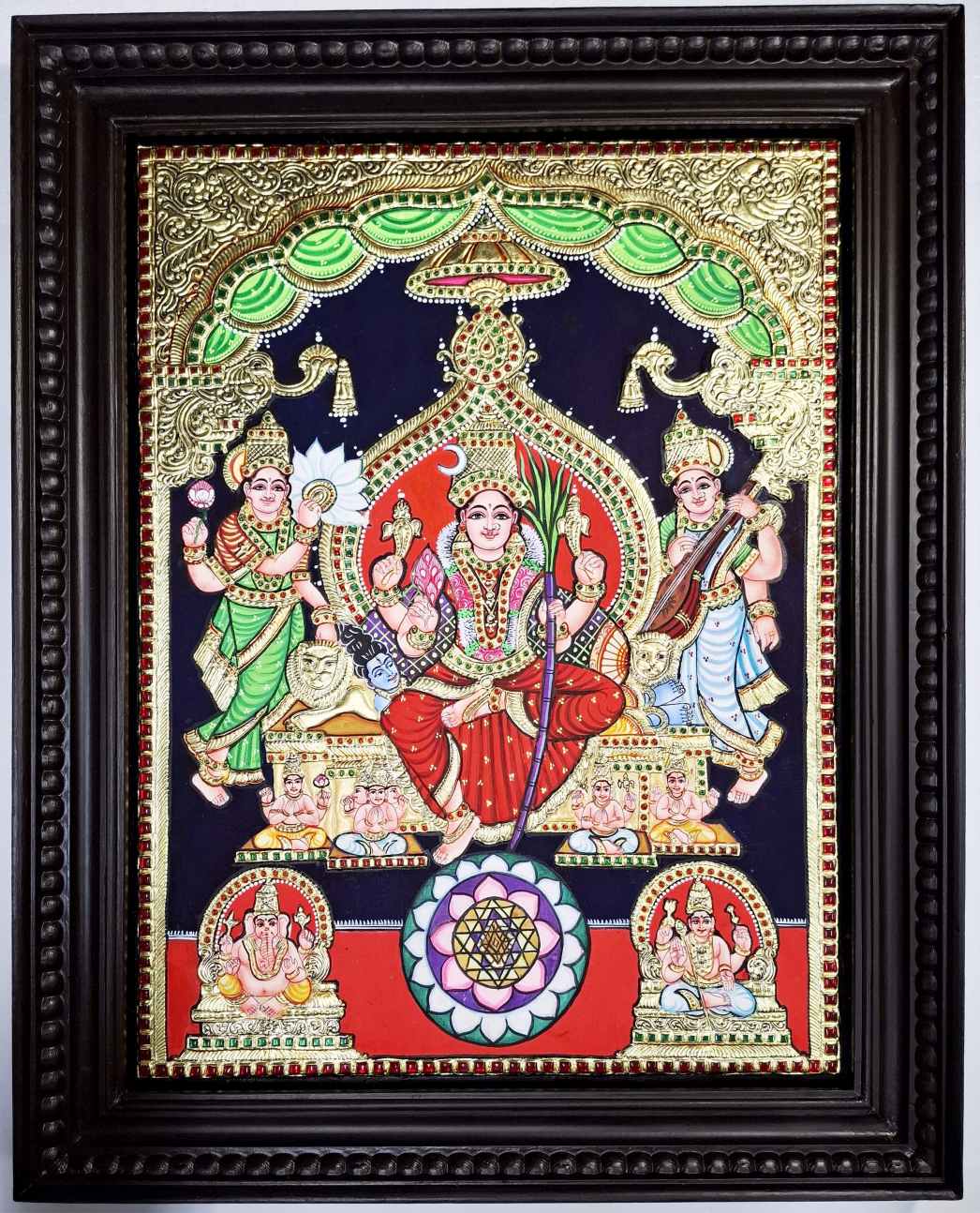 Lalitha Devi Tanjore Painting with 22K gold foil and teakwood frame, 27x21 inches, handmade Indian artwork.