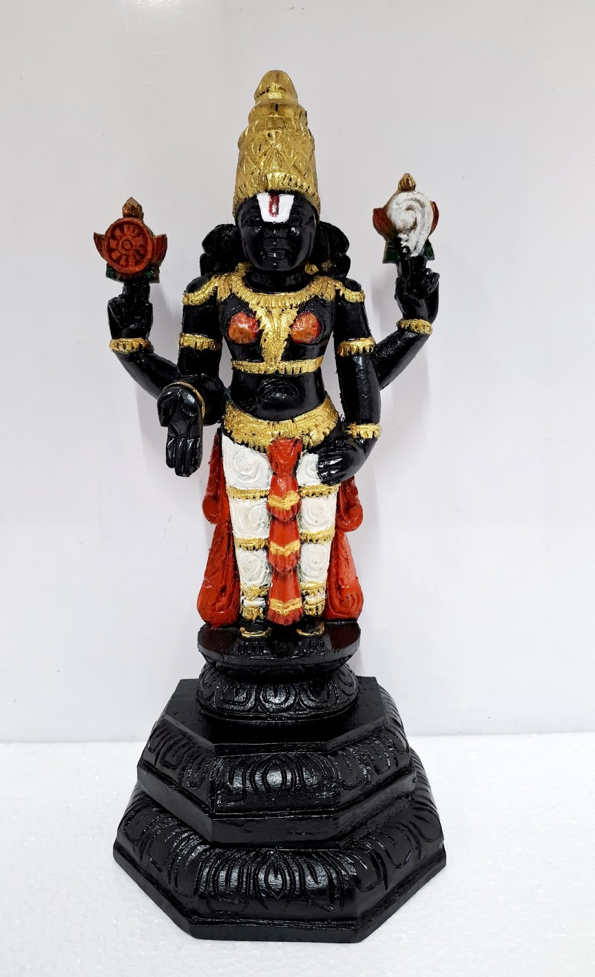 Wooden Balaji Statue 16 Inch Handmade Tirupati Venkateswara Idol Multicolor Srinivasa Perumal Solid Wood Sculpture for Home Temple & Décor