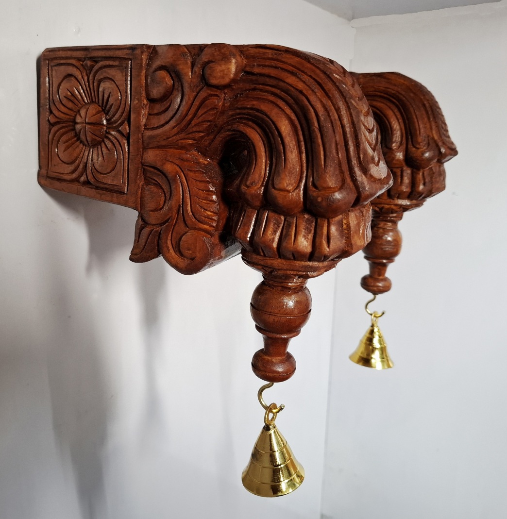Handcrafted Wooden Wall Bracket Bodhil Pair | 9 Inch Solid Wood Antique Finish with Brass Bells | Traditional Indian Wall Hanging for Pooja Room & Entrance