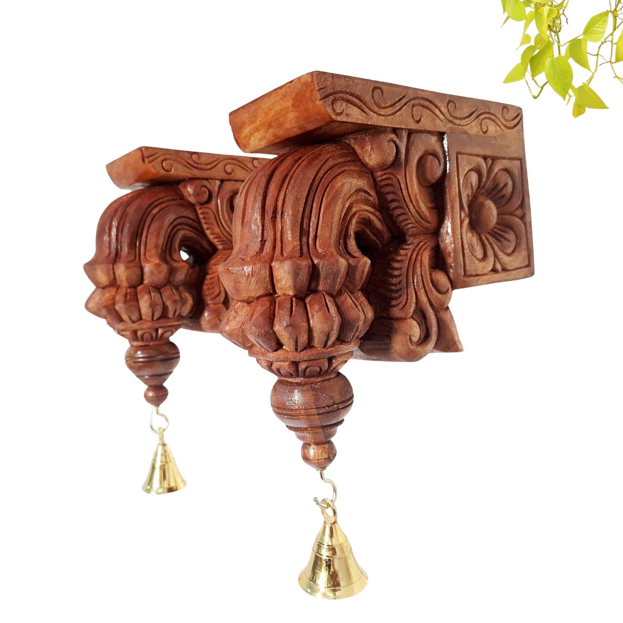 Handcrafted Wooden Wall Bracket Bodhil Pair | 9 Inch Solid Wood Antique Finish with Brass Bells | Traditional Indian Wall Hanging for Pooja Room & Entrance