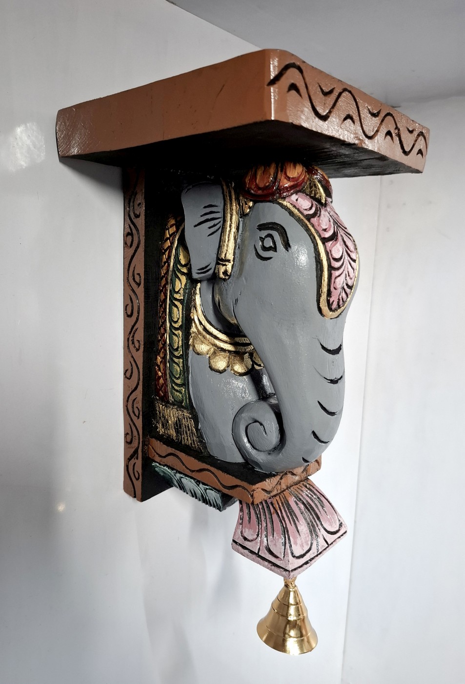 Handcrafted Wooden Elephant Wall Shelf | 10 Inch Multicolor Solid Wood Wall Mounted Stand with Brass Bell | Traditional Indian Pooja Room & Living Room Décor