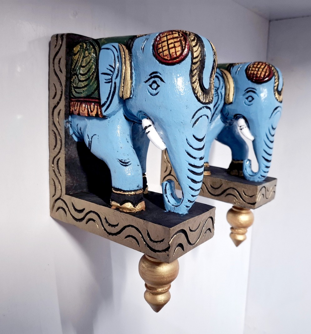 Handcrafted Wooden Elephant Wall Bracket Pair | 10 Inch Antique Multicolor Finish | Solid Wood Hand-Carved Wall Hanging for Pooja Room & Entrance Décor