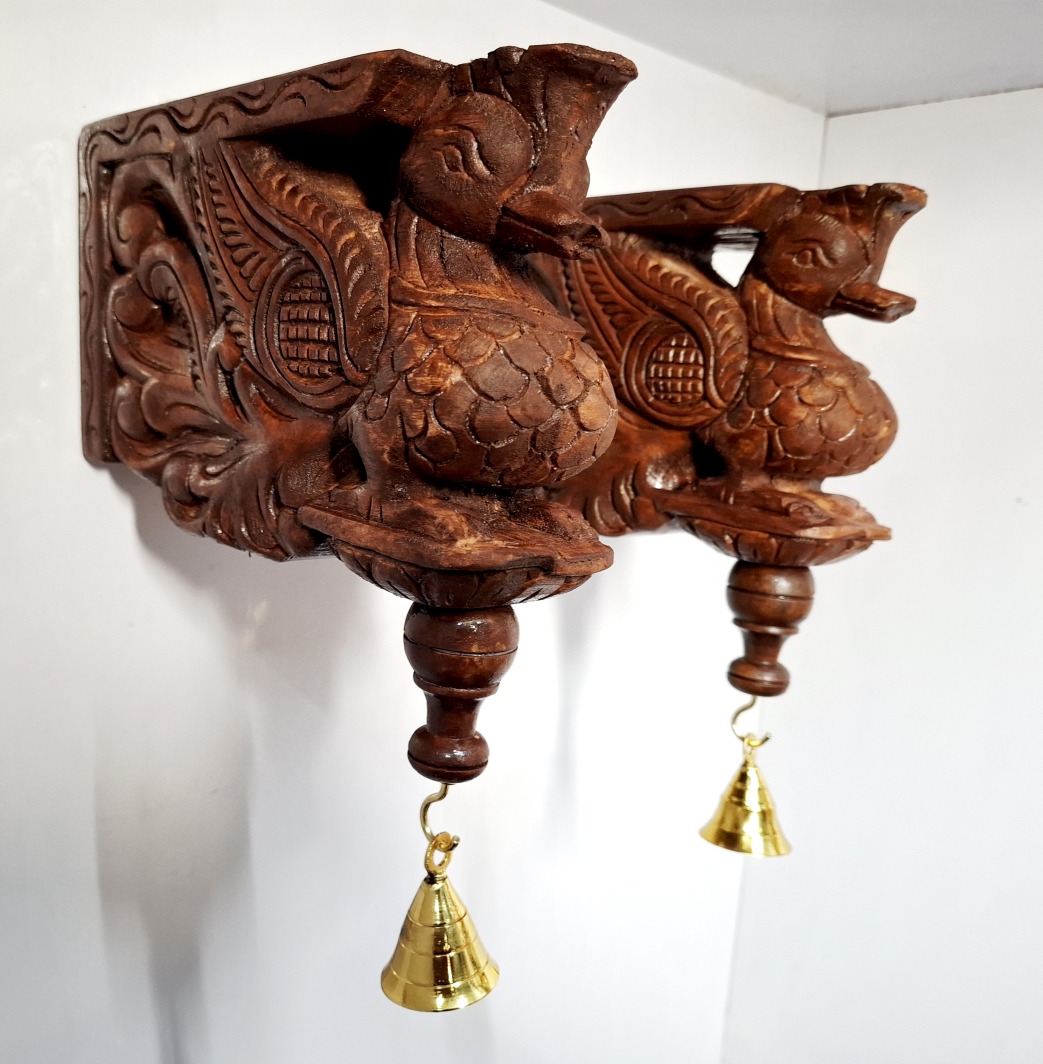 Handcrafted Wooden Wall Bracket Bodhil Pair | 9 Inch Peacock Design Solid Wood with Brass Bells | Antique Finish Indian Wall Hanging for Pooja Room & Entrance