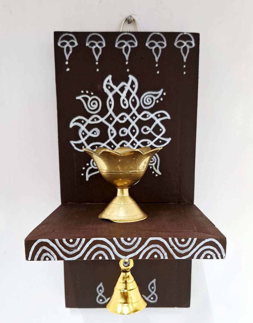 Handmade Wooden Kolam Wall Shelf 12 Inch with Brass Diya and Bell – Ethnic Indian Wall Hanging Decor for Pooja Room, Wedding & Housewarming Gift