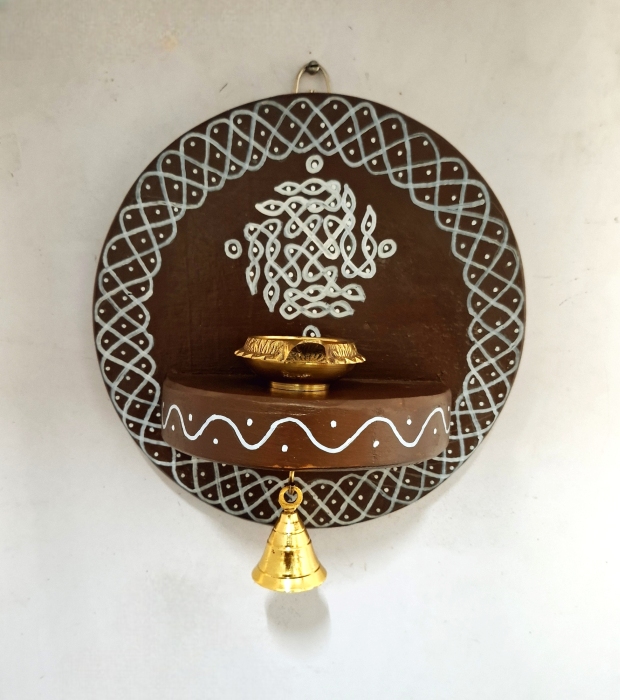 Handmade Wooden Kolam Round Wall Shelf 9 Inch with Brass Diya and Bell – Ethnic Indian Wall Hanging Pooja Decor for Wedding & Housewarming Gift"