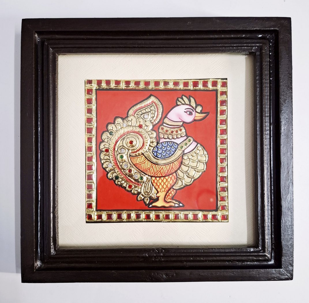 Peacock Tanjore painting with 22K gold foil and teakwood frame 9.5x9.5 inches