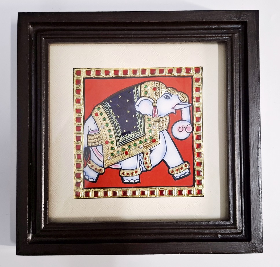 Elephant Tanjore painting with 22K gold foil and teakwood frame 9.5 x 9.5 inch