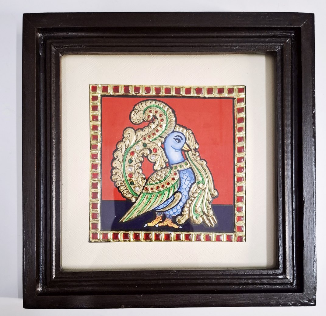 Peacock Tanjore painting with 22K gold foil and teakwood frame 9.5x9.5 inches