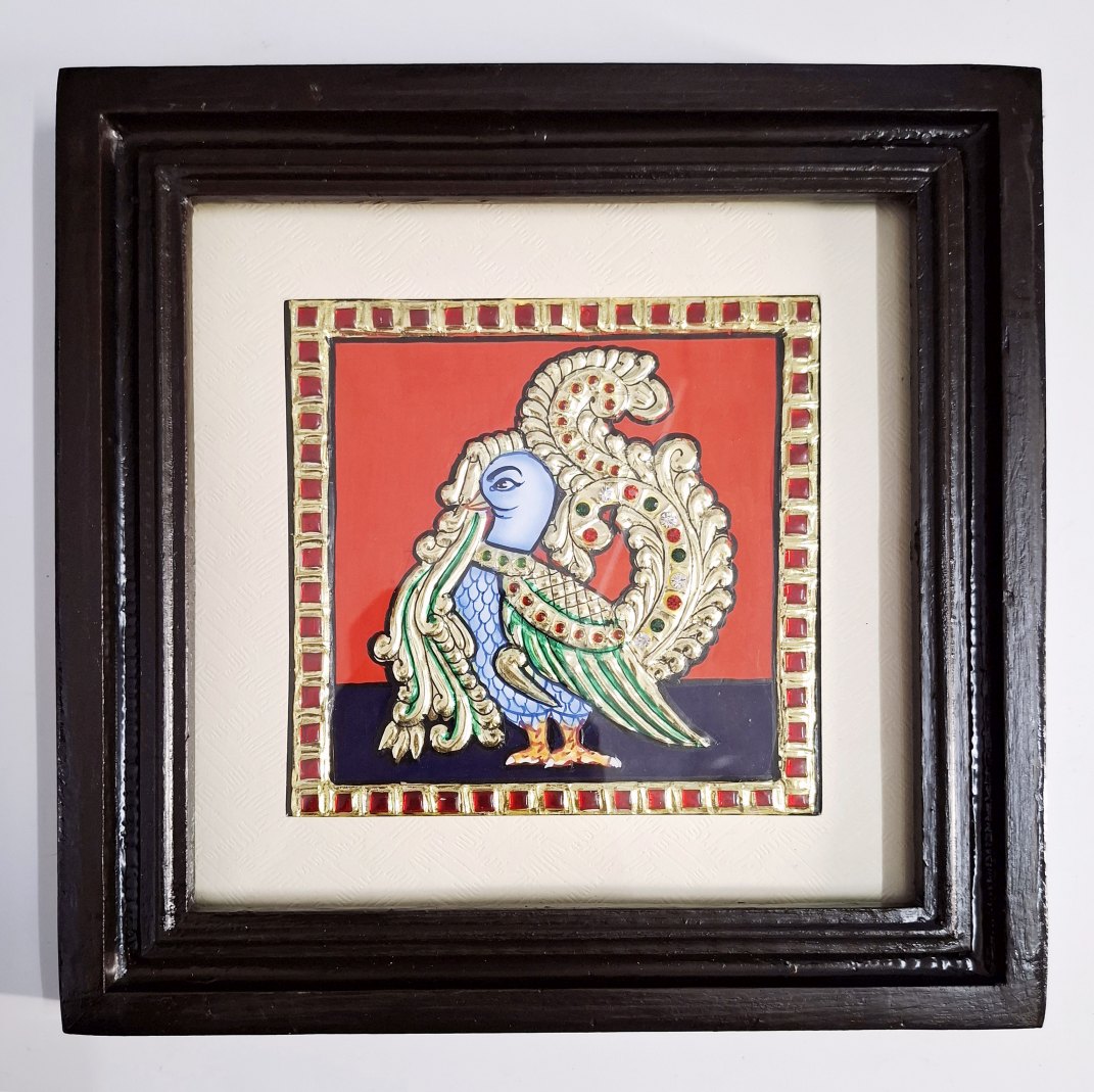 Peacock Tanjore painting with 22K gold foil and teakwood frame 9.5x9.5 inches