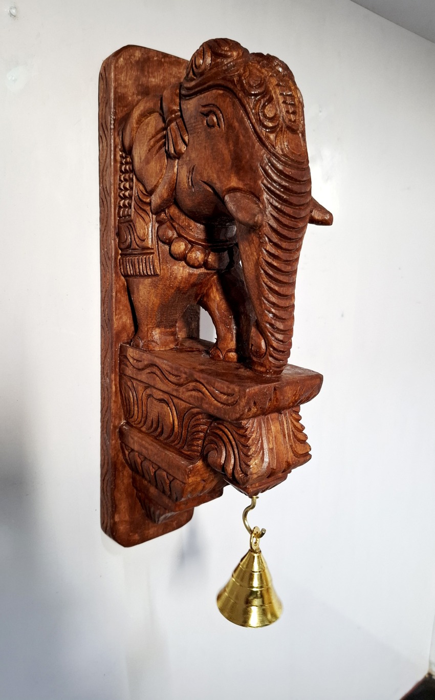 Wooden Elephant Statue Wall Bracket 12 Inch Hand Carved Solid Wood with Brass Bell Single Piece for Home and Pooja Room Décor