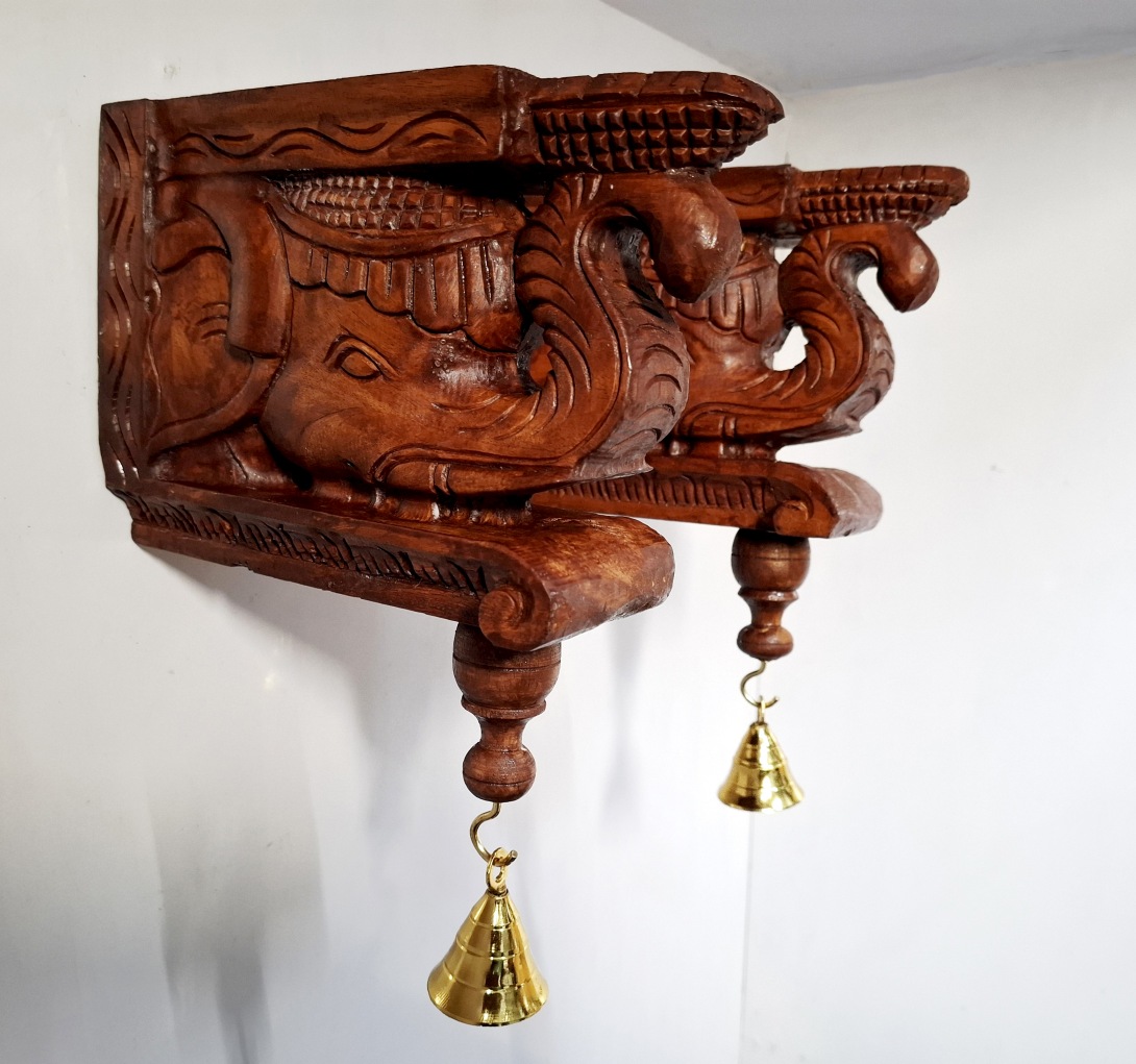 Wooden Wall Bracket Bodhil Pair 9 Inch Elephant Design Hand-Carved Solid Wood with Brass Bells Antique Finish for Pooja Room and Entrance Décor