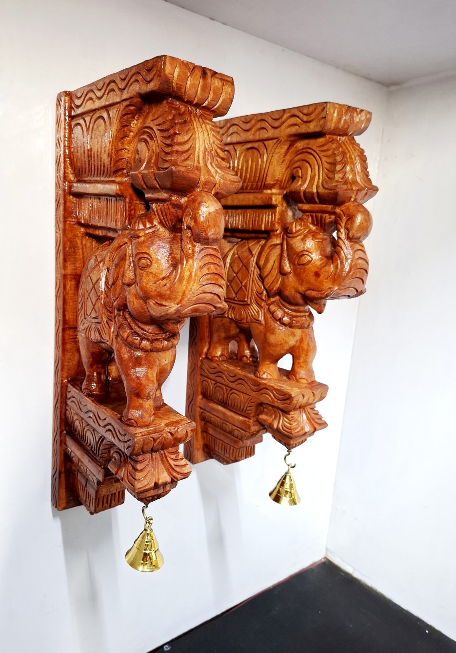 Wooden Elephant Wall Bracket Pair 18 Inch Hand Carved Solid Wood Corbels with Brass Bells Antique Brown Finish for Pooja Room and Entrance Décor