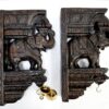 Wooden Elephant Wall Bracket Pair 12 Inch Hand Carved Antique Finish Corbels with Brass Bells for Temple Entrance and Pooja Room Décor