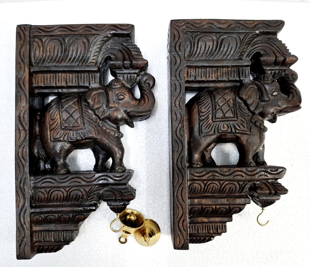 Wooden Elephant Wall Bracket Pair 12 Inch Hand Carved Antique Finish Corbels with Brass Bells for Temple Entrance and Pooja Room Décor