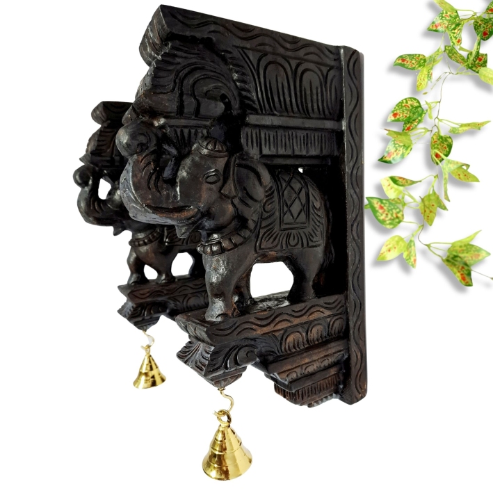 Wooden Elephant Wall Bracket Pair 12 Inch Hand Carved Antique Finish Corbels with Brass Bells for Temple Entrance and Pooja Room Décor