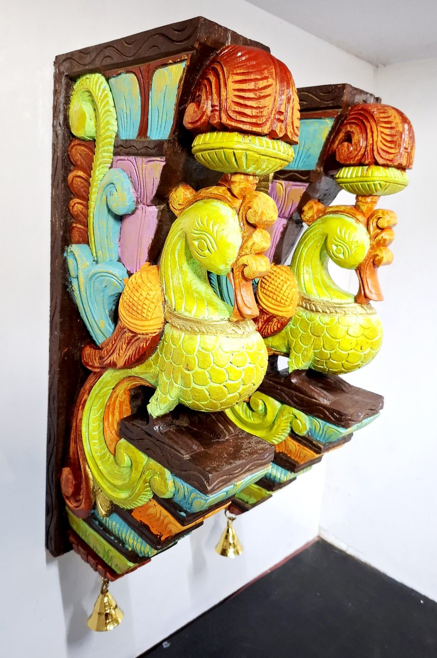 Wooden Peacock Wall Bracket Pair 20 Inch Hand Carved Multicolor Solid Wood Corbels with Brass Bells for Temple, Home and Pooja Room Décor