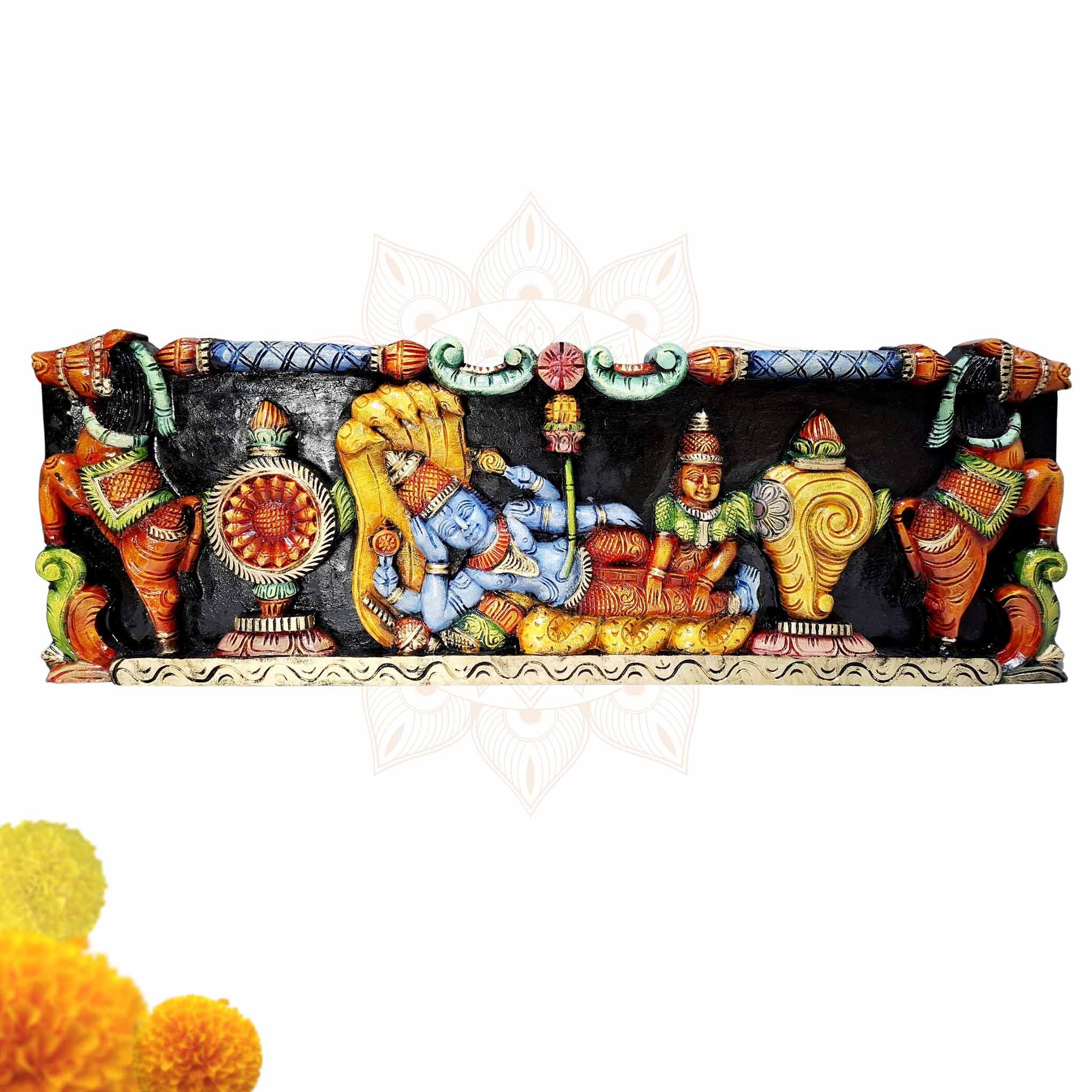 36 inch wooden Vishnu Ranganatha Lakshmi multicolor temple wall panel with horses