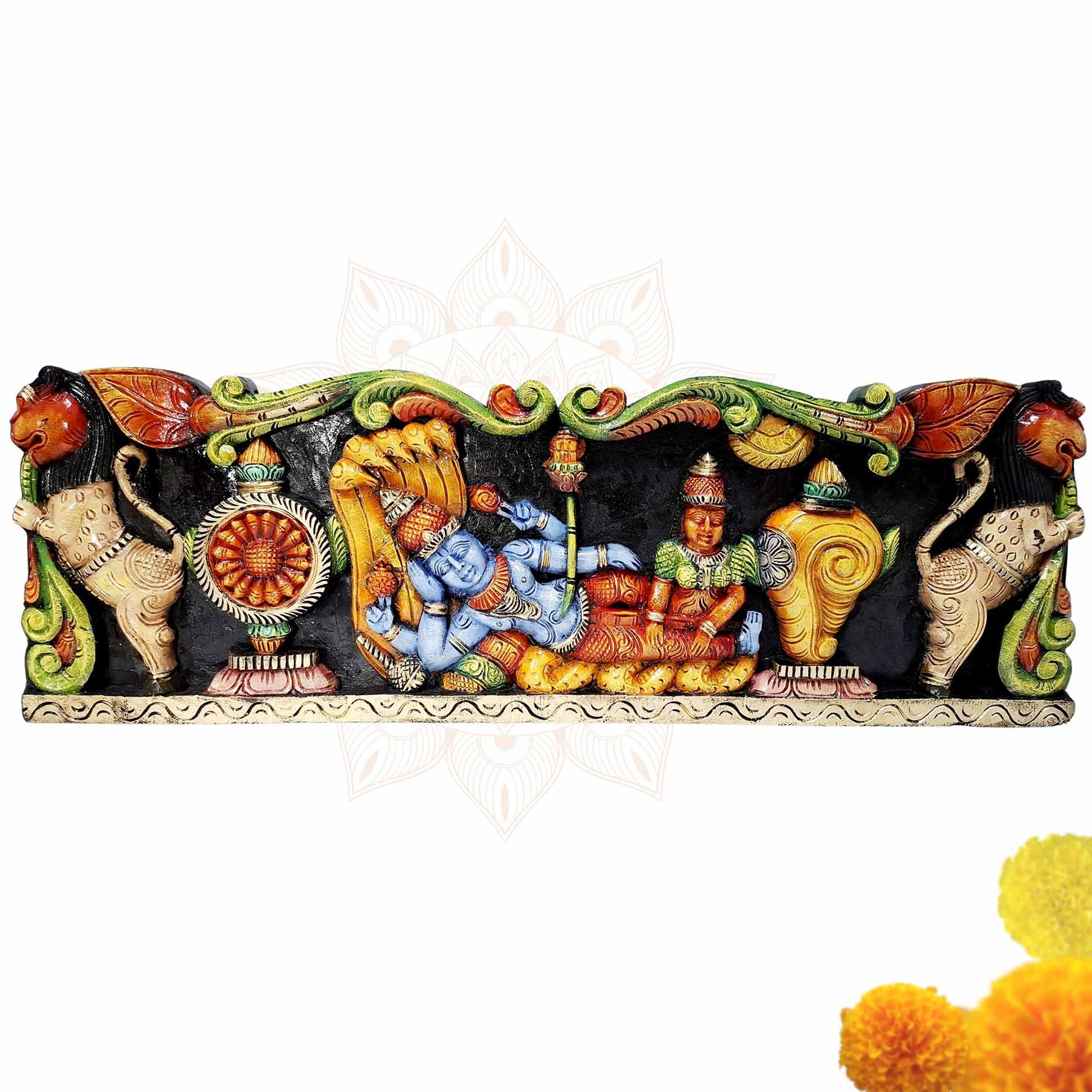 36 inch wooden Vishnu Lakshmi Ranganatha wall panel with Yali carvings multicolor temple art