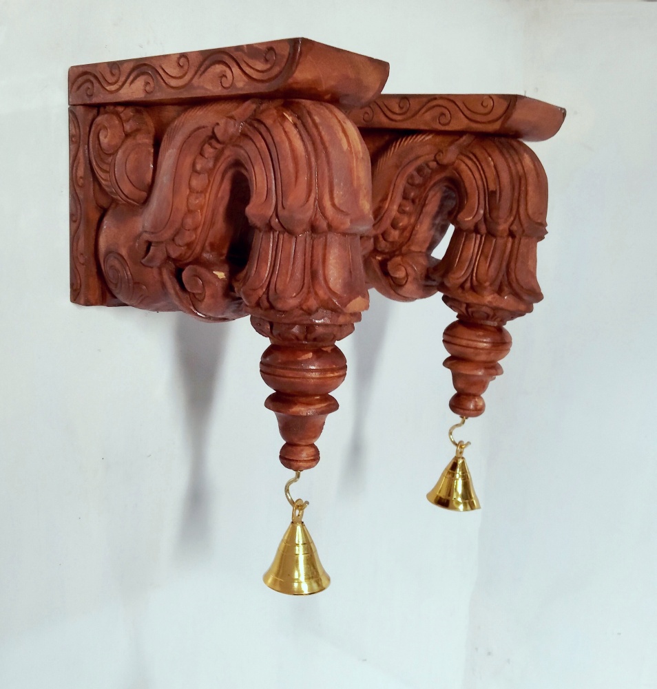 Wooden Yali Wall Bracket Pair 9 Inch – Hand-Carved Bodhil Design with Brass Bells