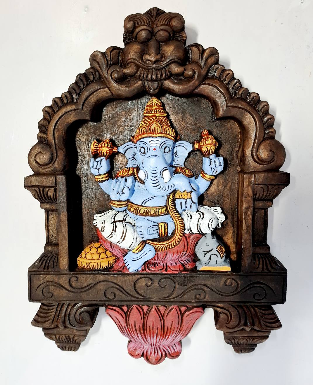 Hand-carved 18 inch wooden Ganesha wall panel multi-color Hindu temple art décor