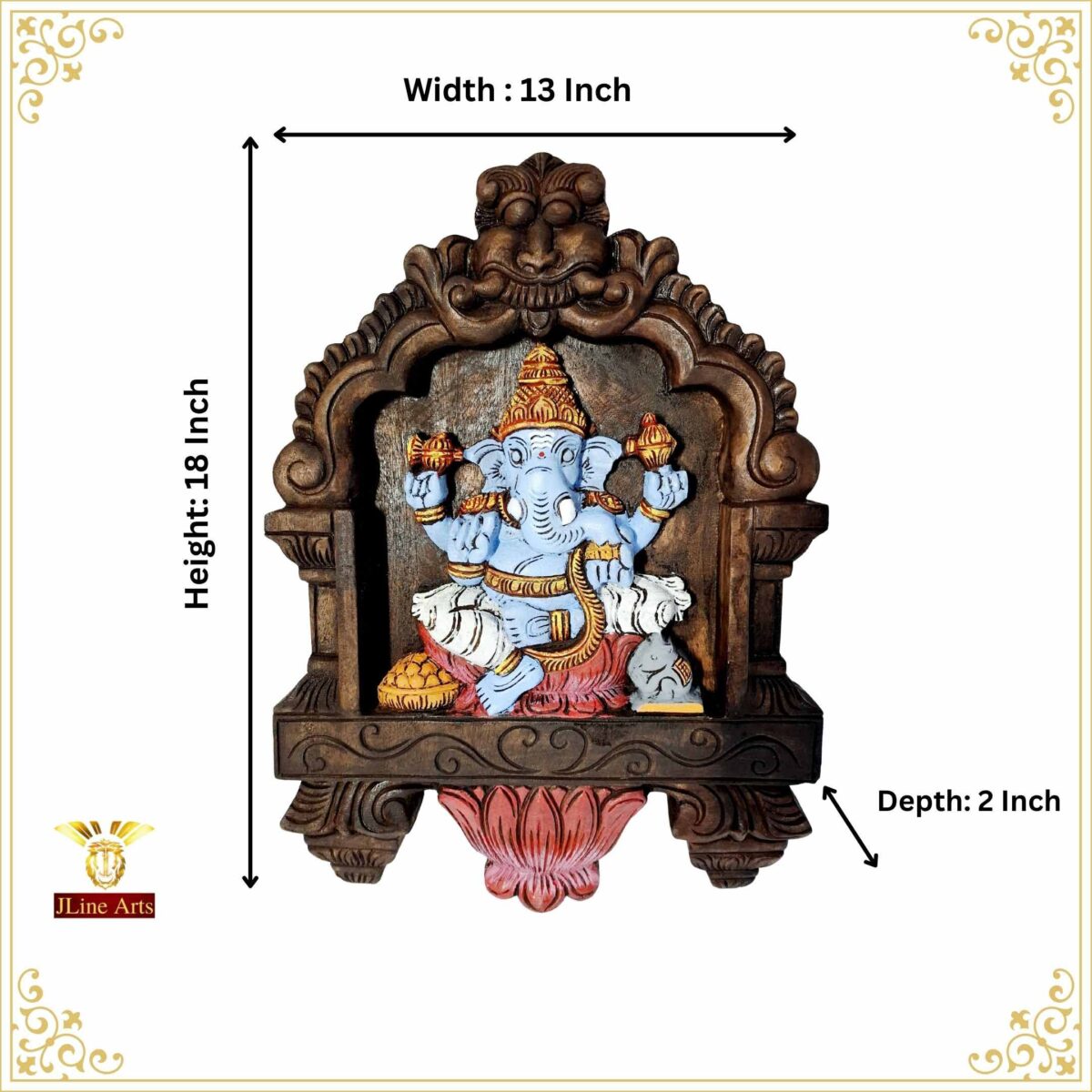 Wooden Ganesha Wall Panel 18 Inch | Hand-Carved Hindu Temple Art