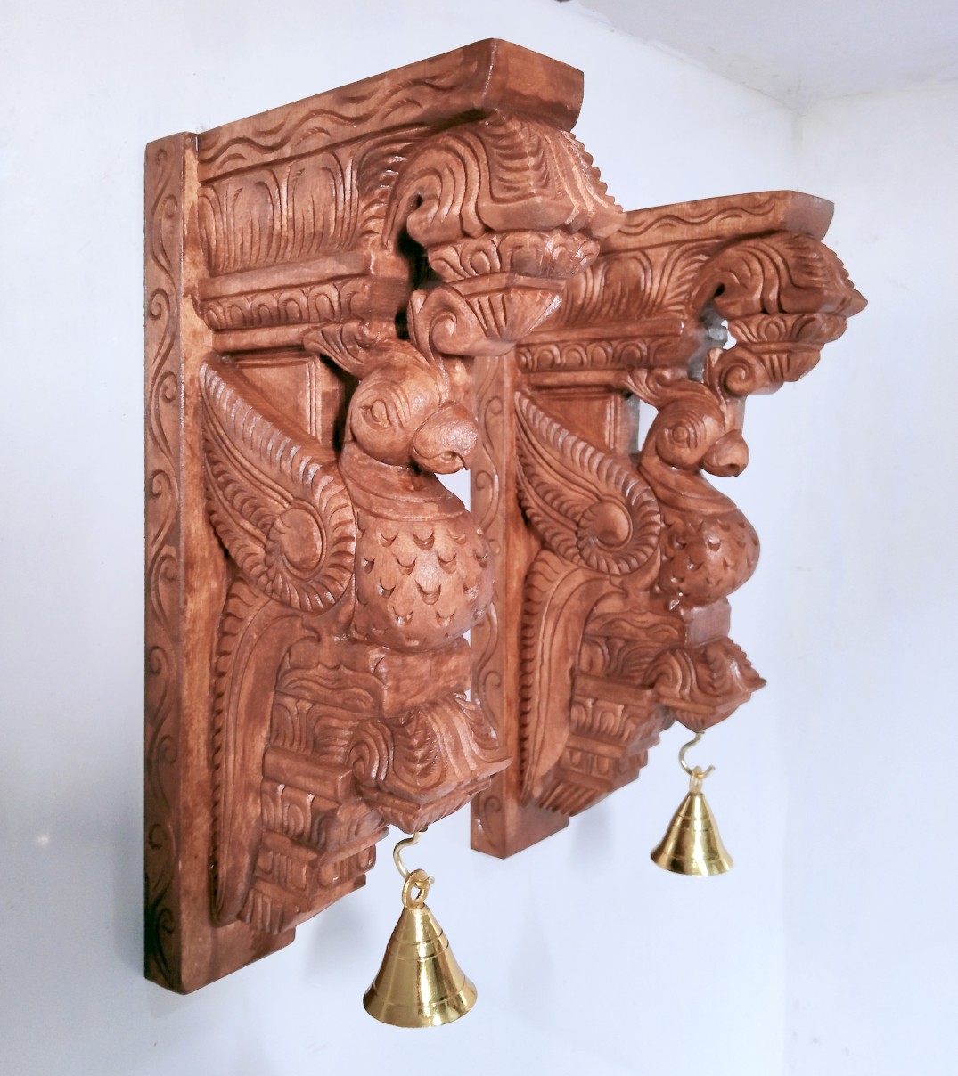 Wooden Parrot Wall Bracket Pair 12 Inch – Hand-Carved Brown Finish Temple Style Corbels