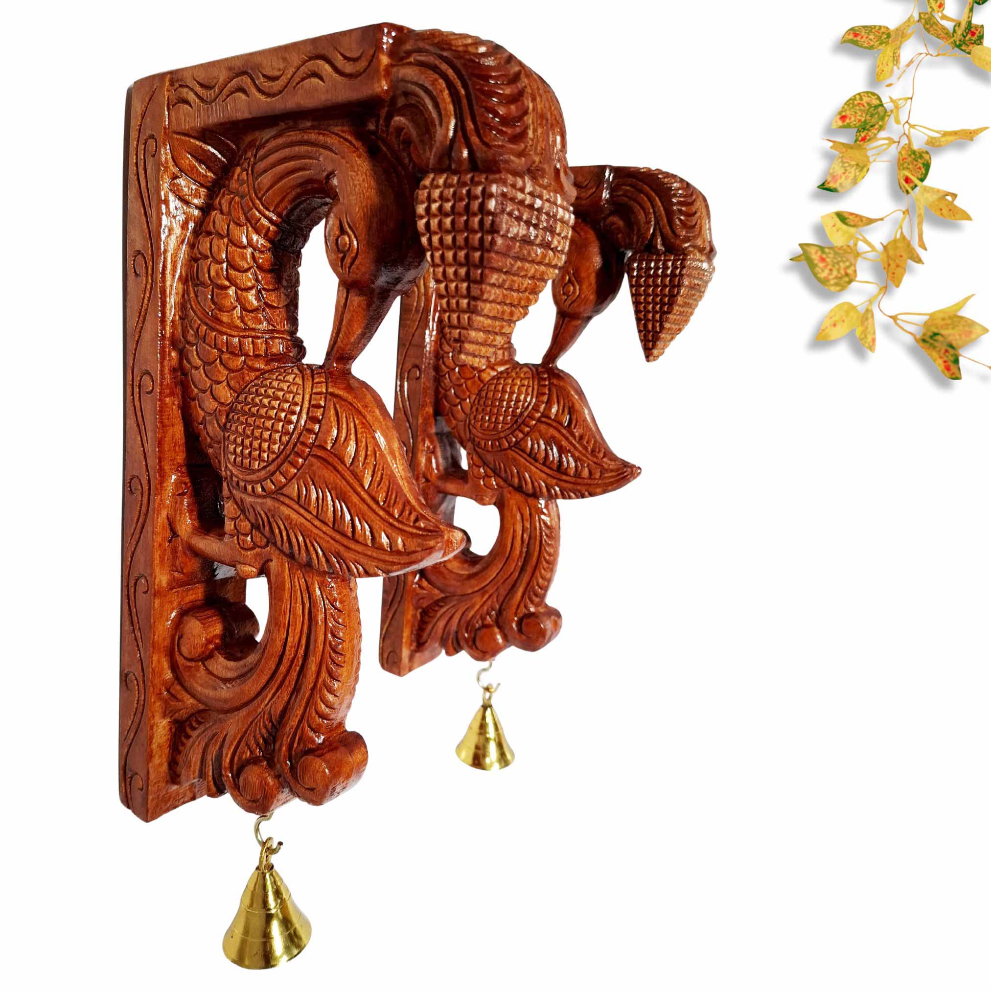 Hand-carved wooden peacock wall bracket pair 12 inch with antique brown finish and brass bells – South Indian temple style decor