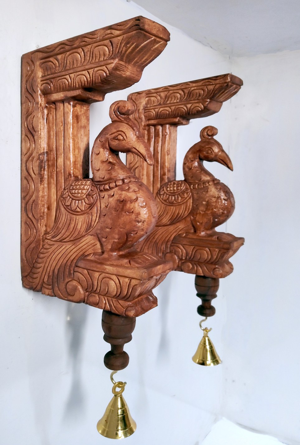 Wooden Peacock Wall Bracket Pair 12 Inch – Hand-Carved Brown Finish Temple Style Corbels