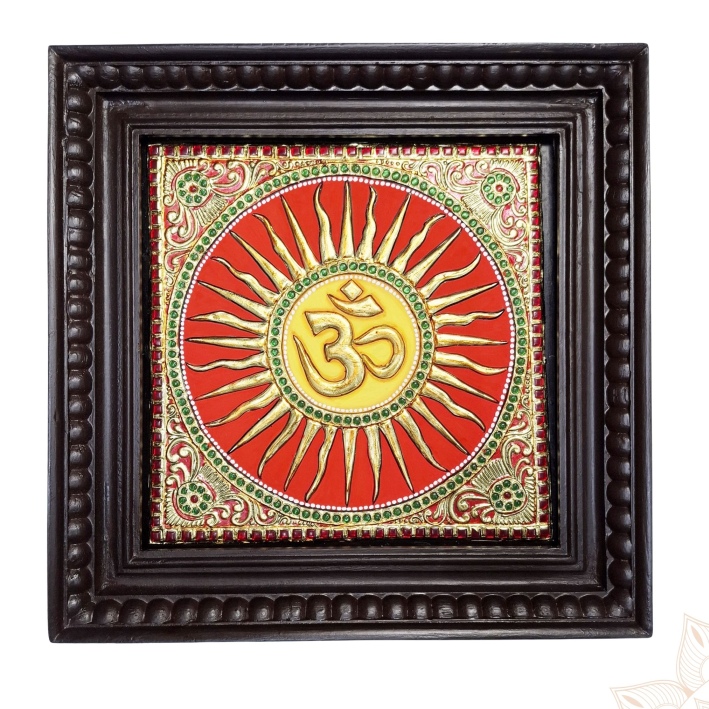 OM Sun Tanjore Painting 14x14 inch with 22K gold foil and teakwood frame by JLine Arts.