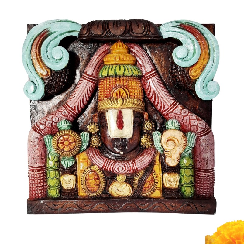 12-inch wooden Tirupati Balaji wall panel hand-carved Venkateshwara temple art décor