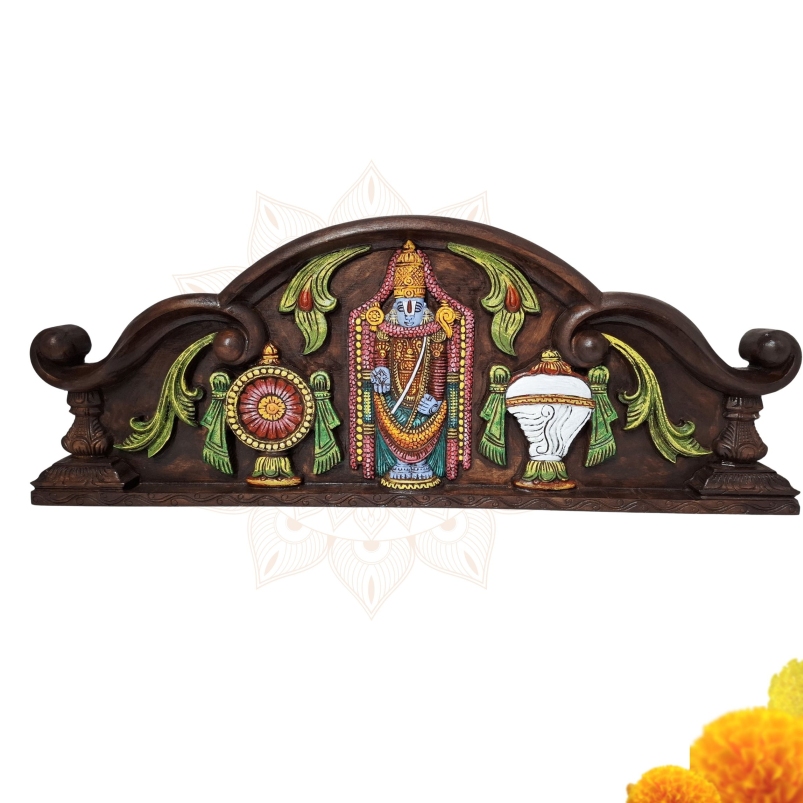 Hand-carved 30 inch Wooden Balaji wall panel with Shanku Chakra motifs in multicolor temple art.