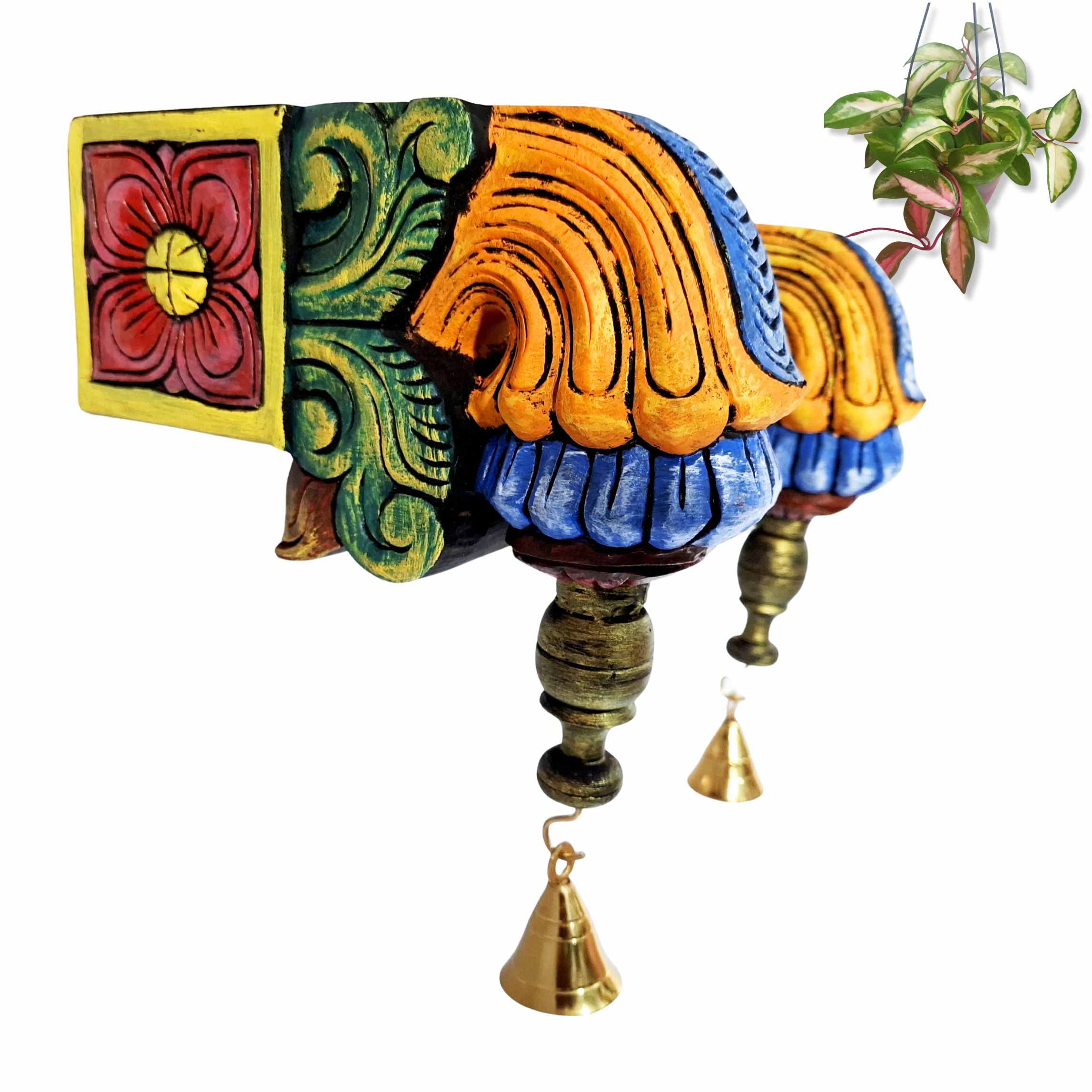 Multicolor wooden Bodhil wall bracket pair with brass bells, 9-inch hand-carved corbels