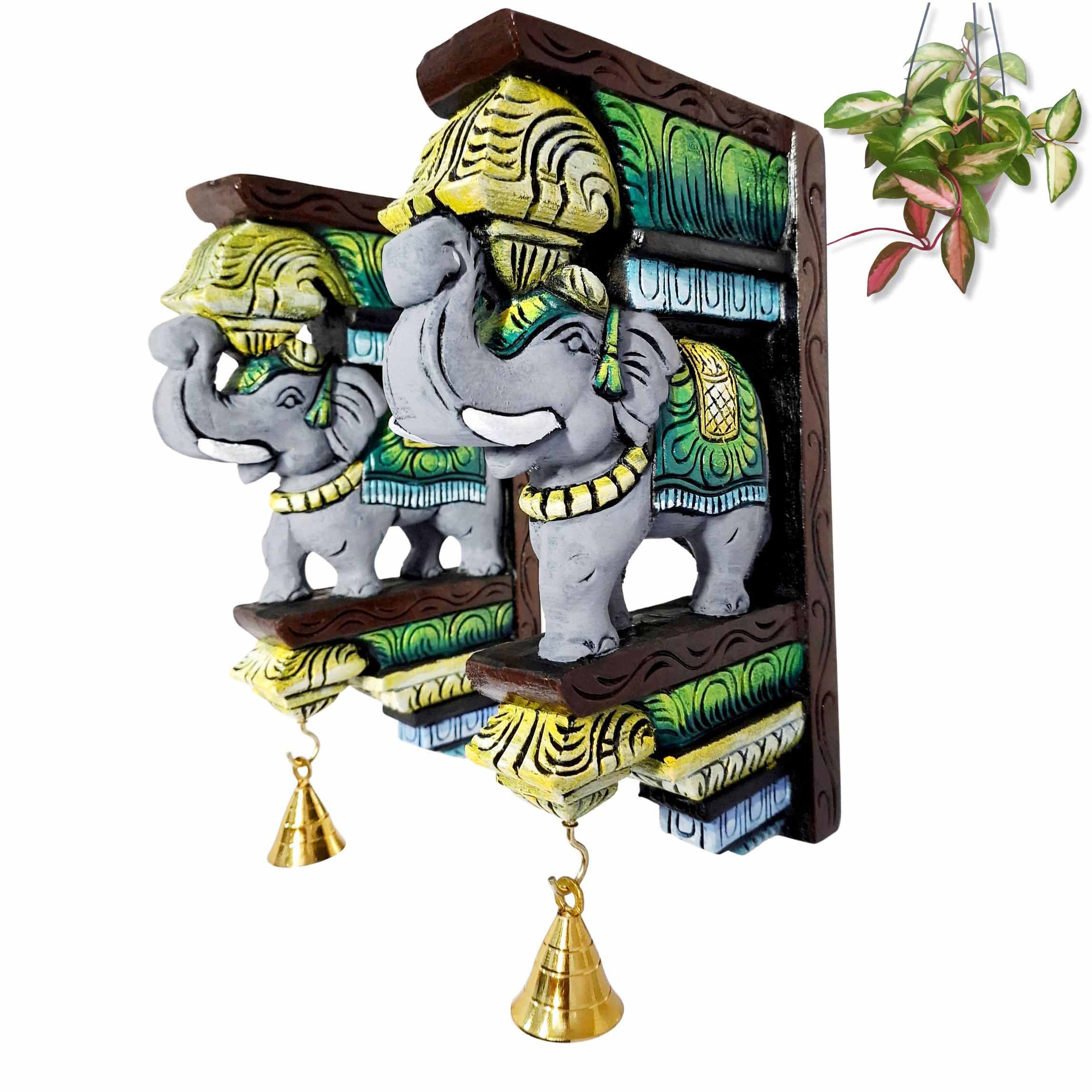 12-inch multicolor elephant wooden wall bracket pair with brass bells, hand-carved décor